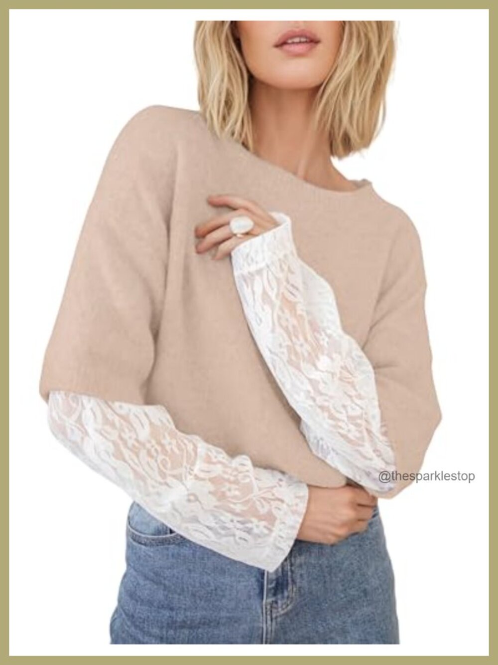 Lace Trim Long Sleeve Crewneck Pullover Sweater Loose Ribbed Knit Top